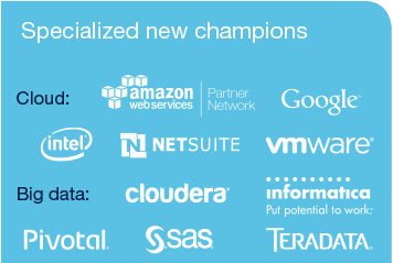Specialized new champions: Cloud : Amazon web services, Google, Intel, Netsuite, VMware<br>Big data : Cloudera, Informatica, Pivotal, SAS, Teradata